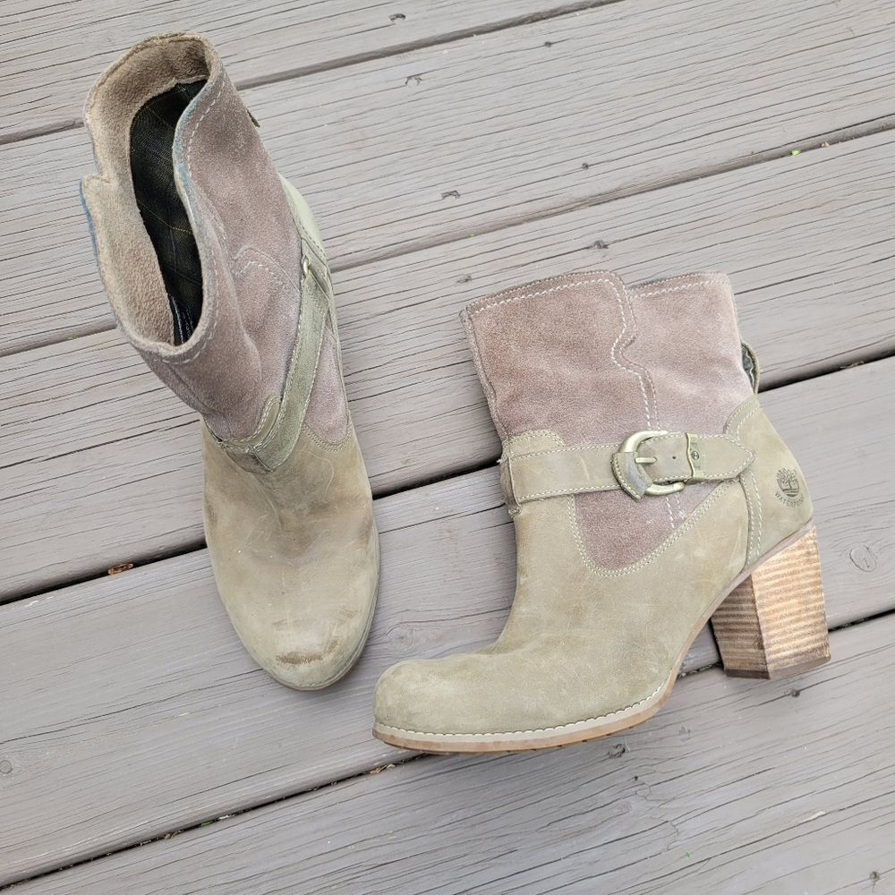 Timberland Rudston Olive Green Leather Suede Mid Calf Buckle Chunky Heel‎ Boots